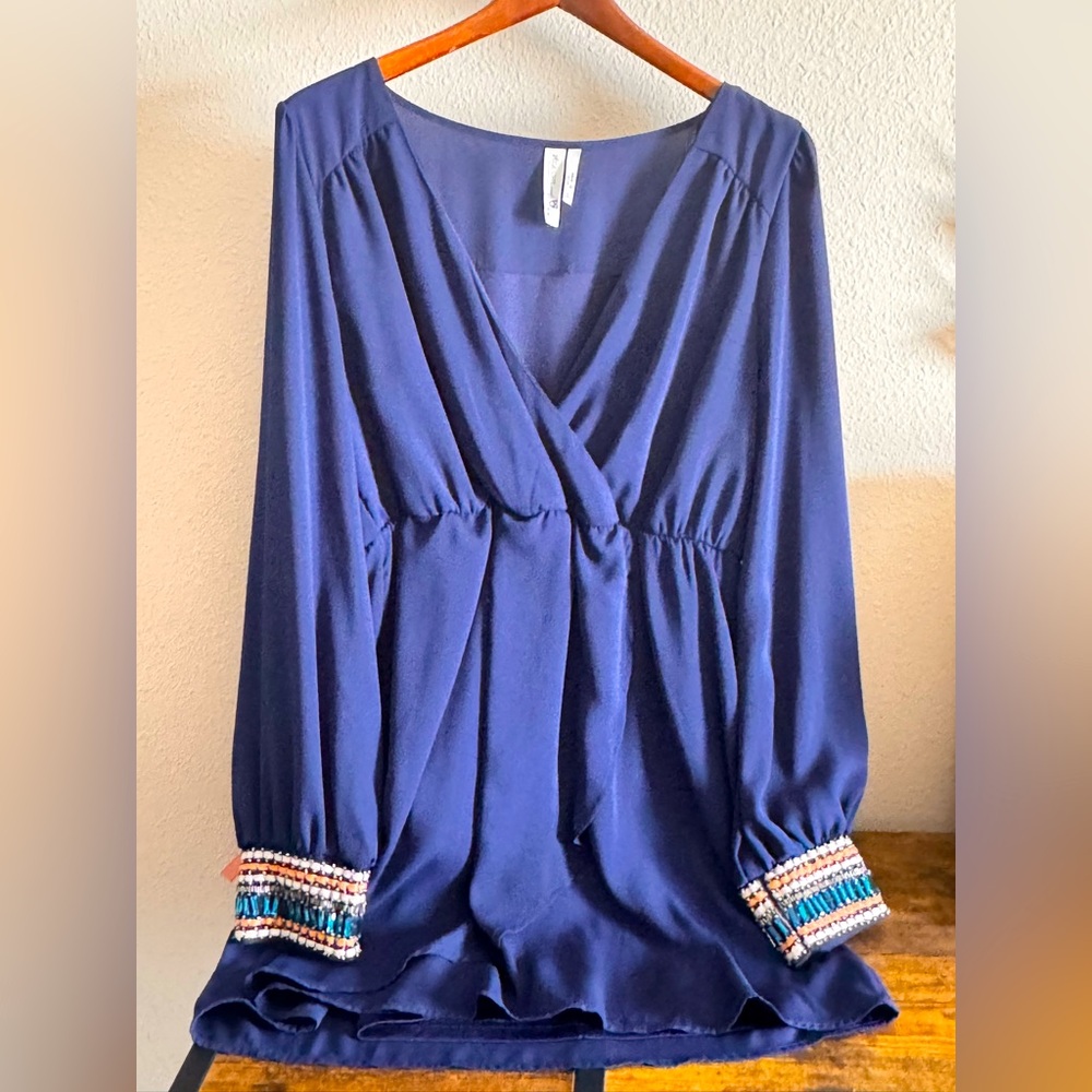 Navy blue "Pink Owl" brand dress with long sleeves and decorative cuffs. Size L